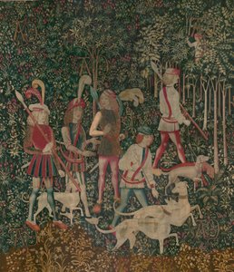 De jagers betreden het bos, ca. 1500 door Netherlandish School